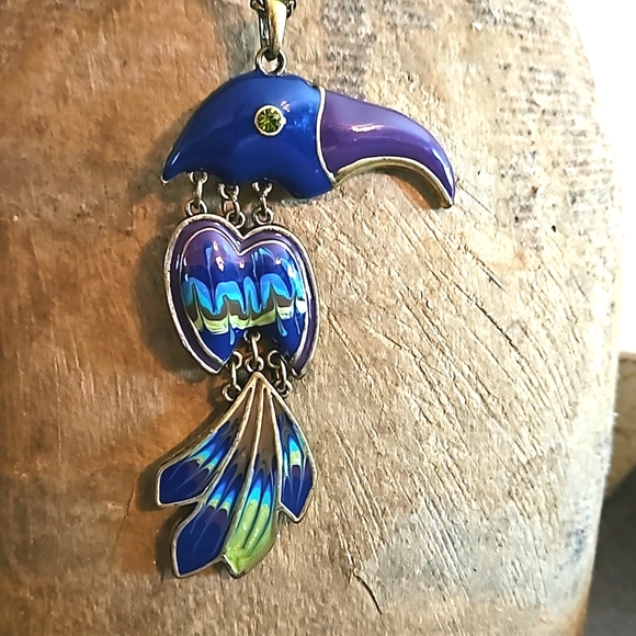 Brass & enamel toucan long necklace blue purple - Picture 2 of 6
